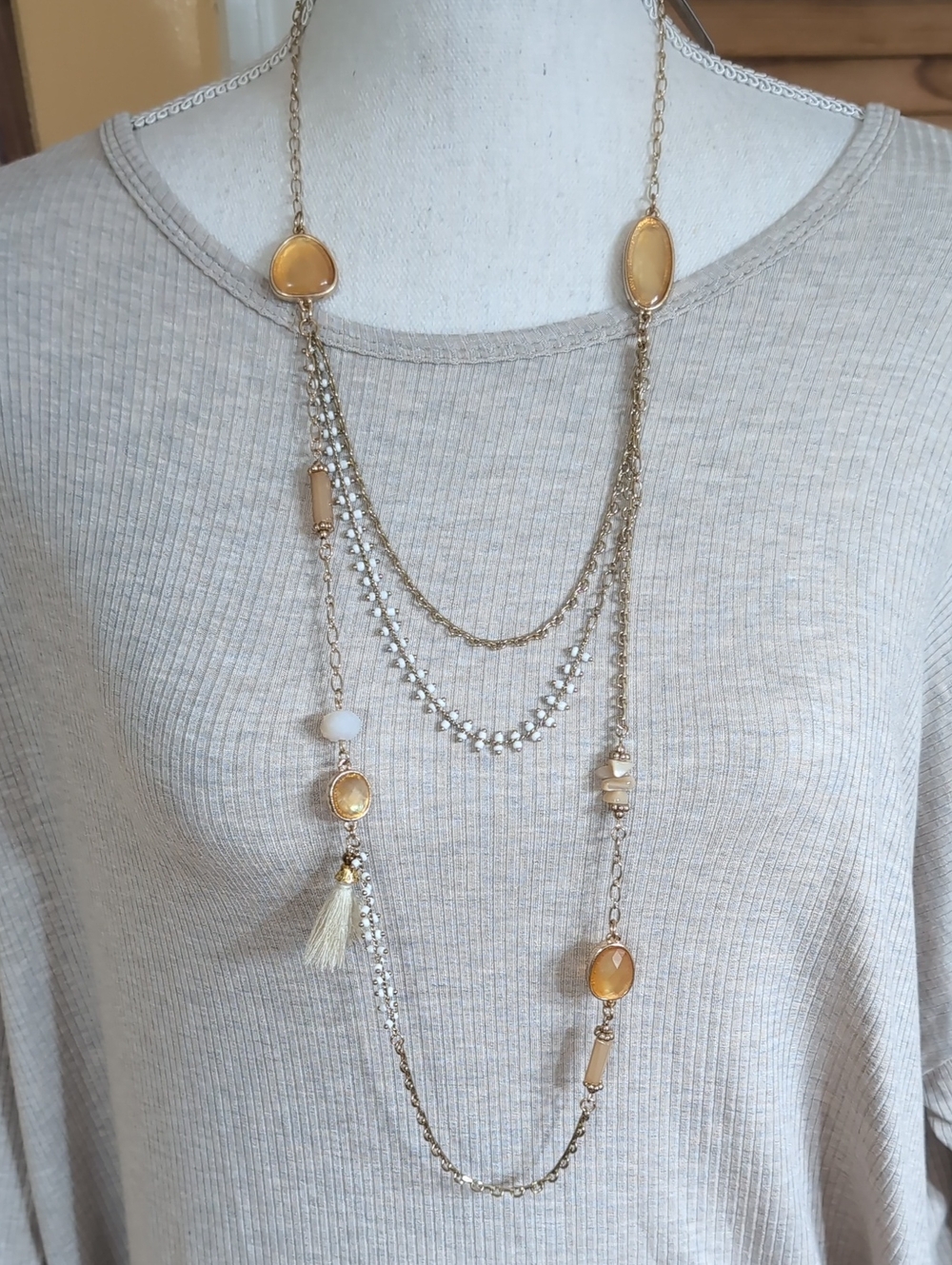 Designer Layered Goldtone Beaded Gem Stone Necklace by BALLET $59